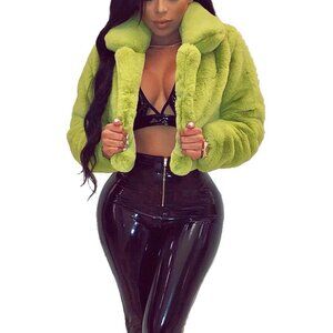 Women's Faux Fur Long Sleeve Jacket Shaggy Open Front Cardigan Light Green